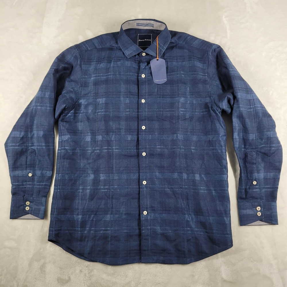 Tommy Bahama Button Up Shirt Men's Medium Blue Plaid Linen Cotton Blend LS NWT